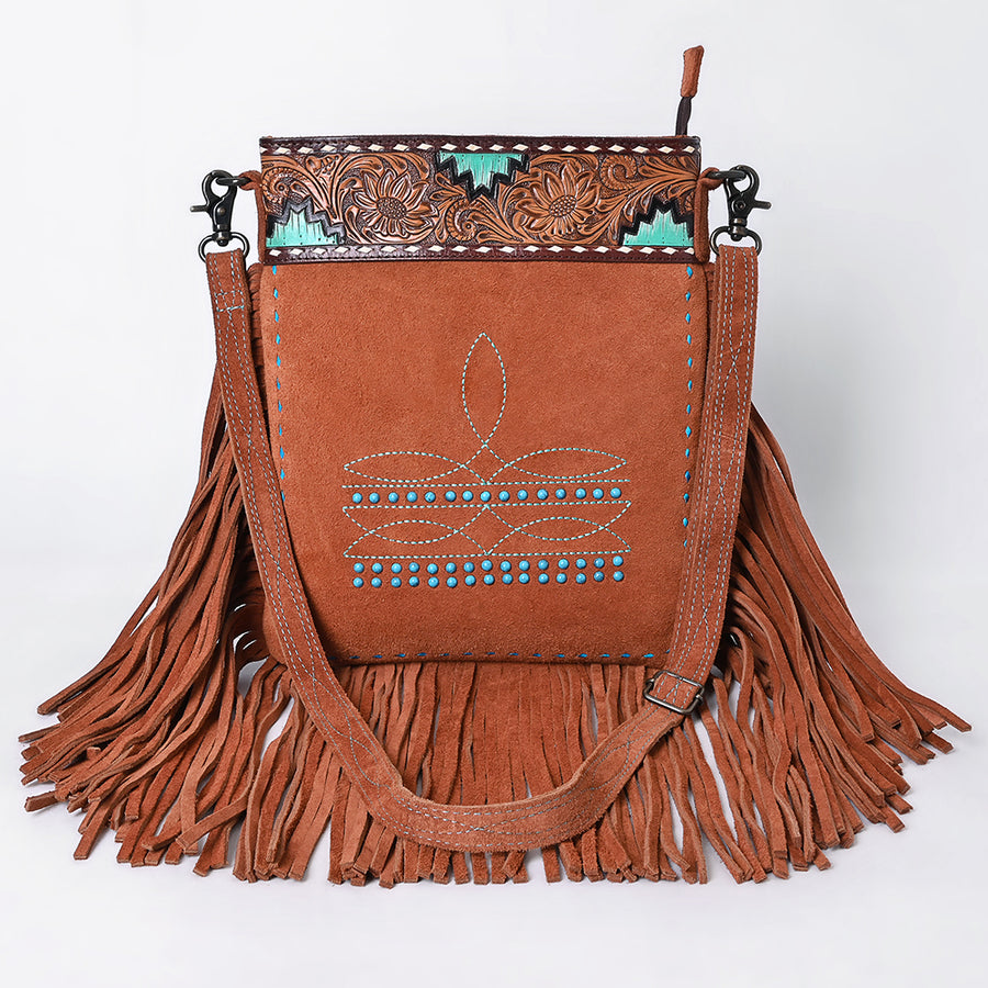 American Darling Western Genuine Suede Large Crossbody Bag with Fringe, Rivet & Boot Stitch Details – Genuine Leather, Handcrafted Design