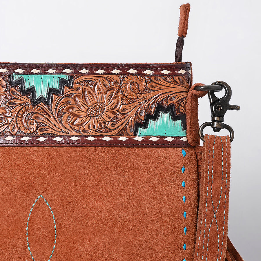 American Darling Western Genuine Suede Large Crossbody Bag with Fringe, Rivet & Boot Stitch Details – Genuine Leather, Handcrafted Design