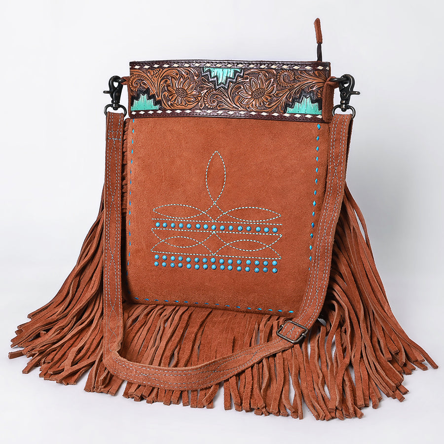 American Darling Western Genuine Suede Large Crossbody Bag with Fringe and Boot Stitch Detailing - Genuine Leather - Uhorse