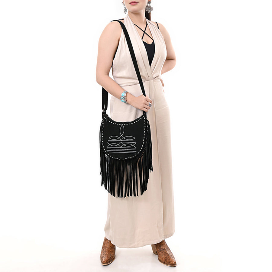 American Darling Black Genuine Suede Crossbody Bag – Western Boot Stitch Design, Fringe Detailing, Genuine Leather, Lightweight Everyday Carry