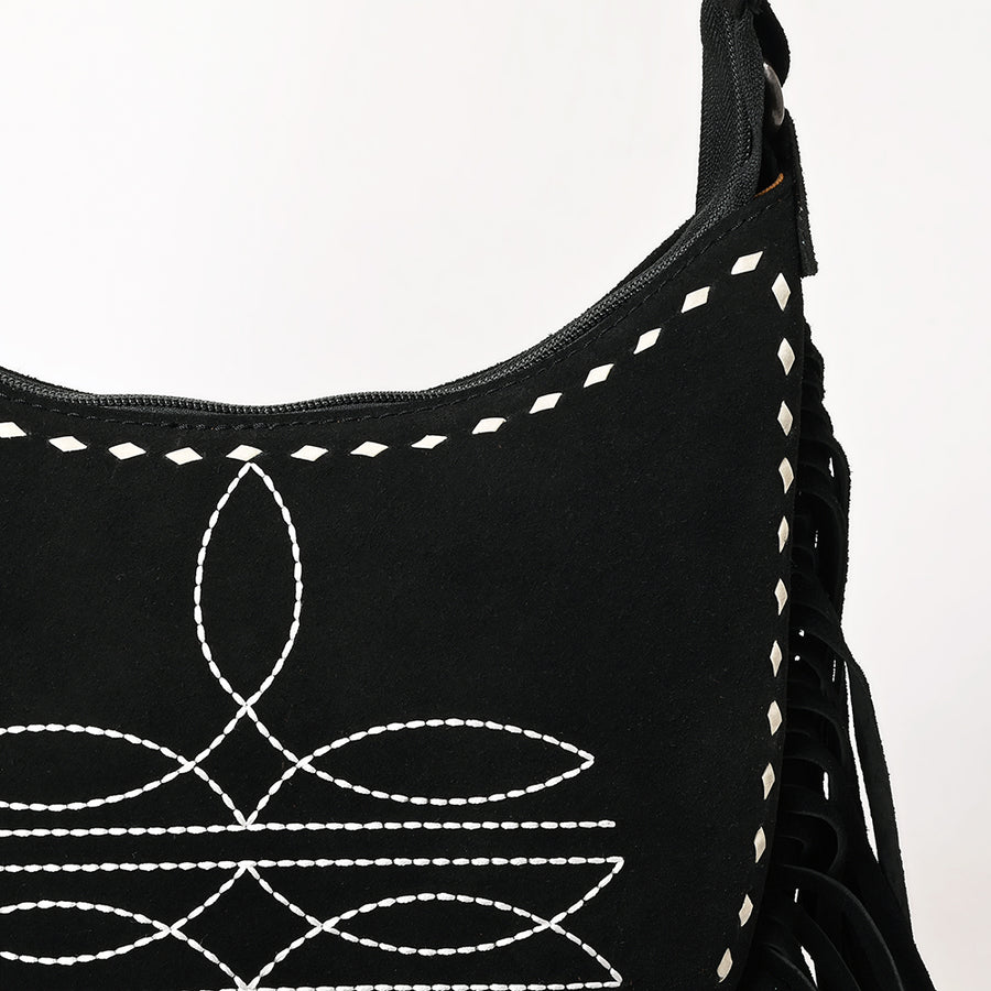 American Darling Black Genuine Suede Crossbody Bag – Western Boot Stitch Design, Fringe Detailing, Genuine Leather, Lightweight Everyday Carry