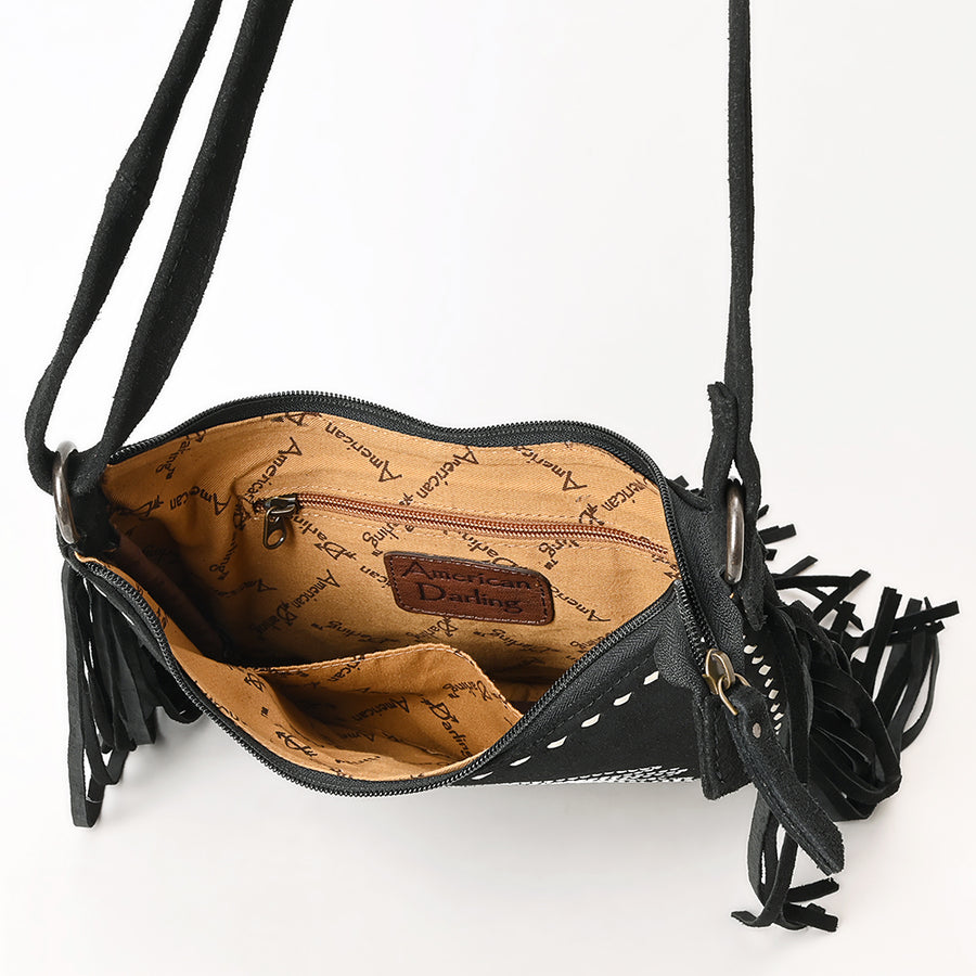 American Darling Black Genuine Suede Crossbody Bag – Western Boot Stitch Design, Fringe Detailing, Genuine Leather, Lightweight Everyday Carry
