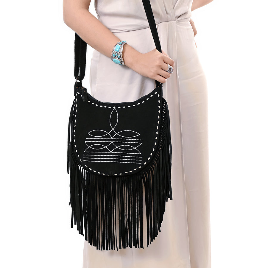 American Darling Black Genuine Suede Crossbody Bag – Western Boot Stitch Design, Fringe Detailing, Genuine Leather, Lightweight Everyday Carry