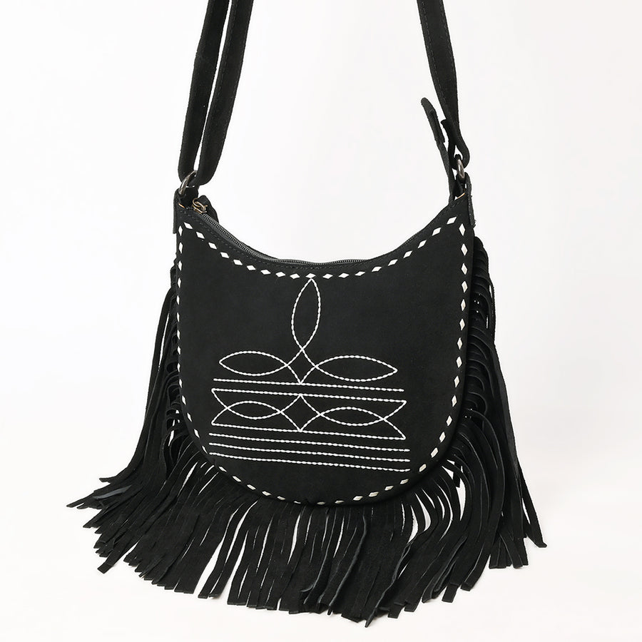 American Darling Black Genuine Suede Western Leather Crossbody Bag with Boot Stitch Detail and Fringe - Hilason