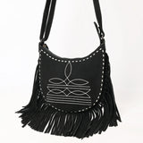 American Darling Black Genuine Suede Western Leather Crossbody Bag with Boot Stitch Detail and Fringe - Hilason