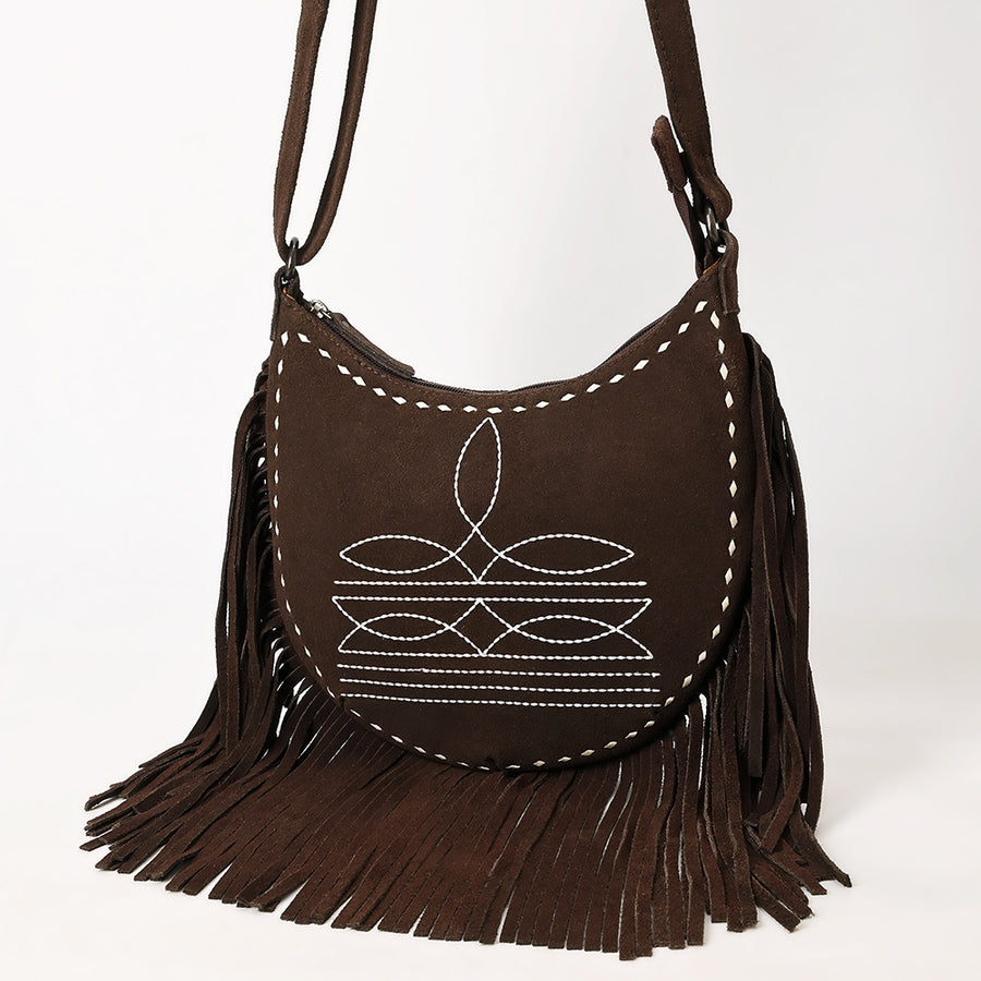 American Darling Black Genuine Suede Western Leather Crossbody Bag with Boot Stitch Detail and Fringe - Hilason