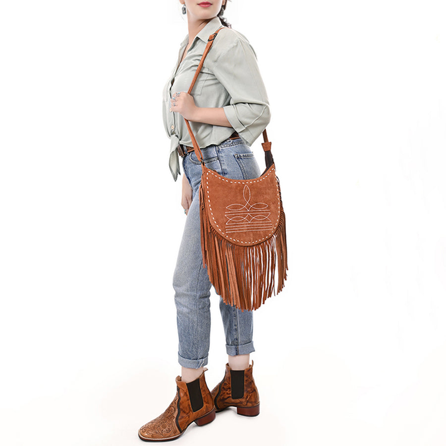 American Darling Black Genuine Suede Crossbody Bag – Western Boot Stitch Design, Fringe Detailing, Genuine Leather, Lightweight Everyday Carry