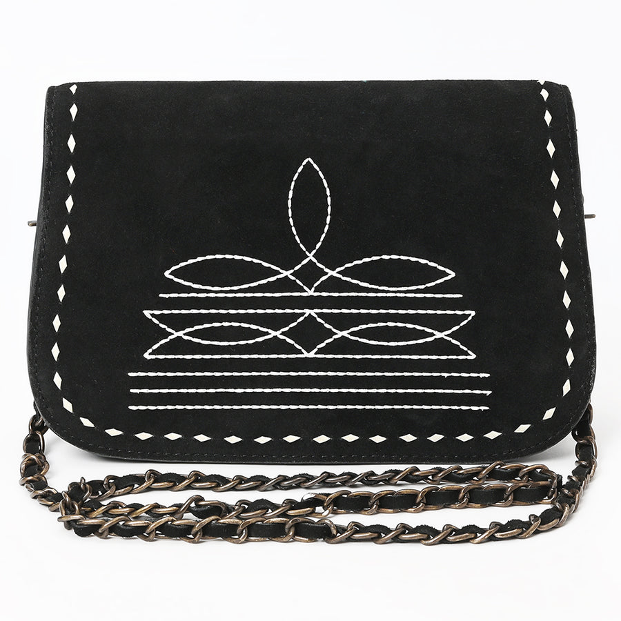 American Darling Black Genuine Suede Western Leather Crossbody Bag with Buck Stitch, Boot-Stitched Pattern, Chain Strap & Full-Grain Interior Lining