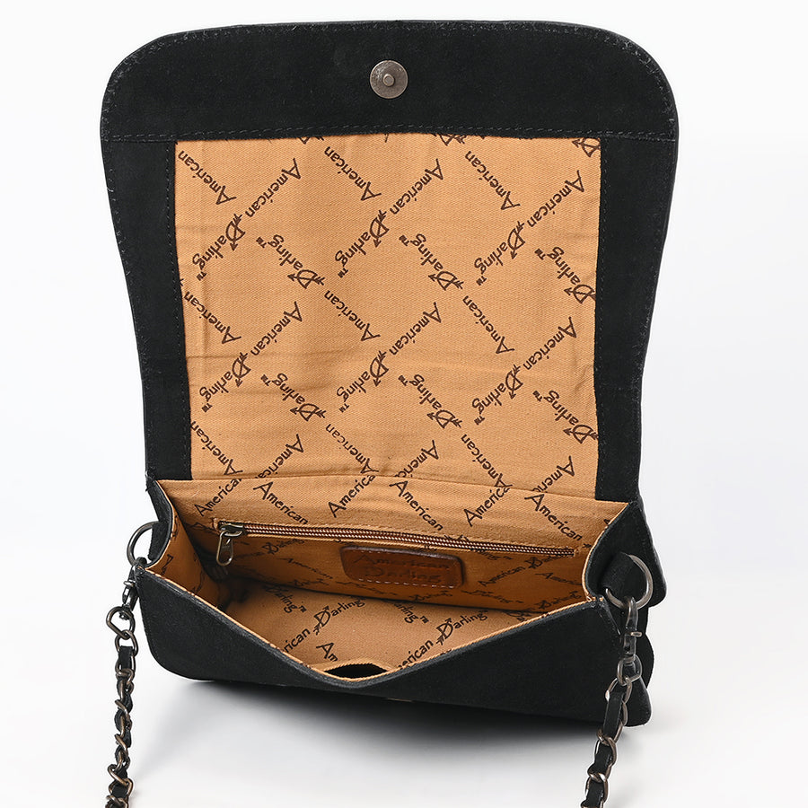 American Darling Black Genuine Suede Western Leather Crossbody Bag with Buck Stitch, Boot-Stitched Pattern, Chain Strap & Full-Grain Interior Lining
