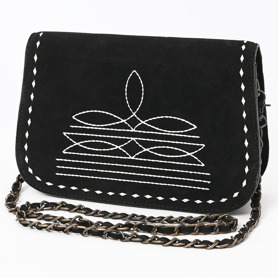 Black suede shoulder bag with white geometric stitching - Hilason