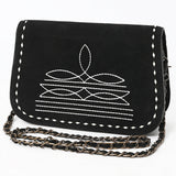 Black suede shoulder bag with white geometric stitching - Hilason