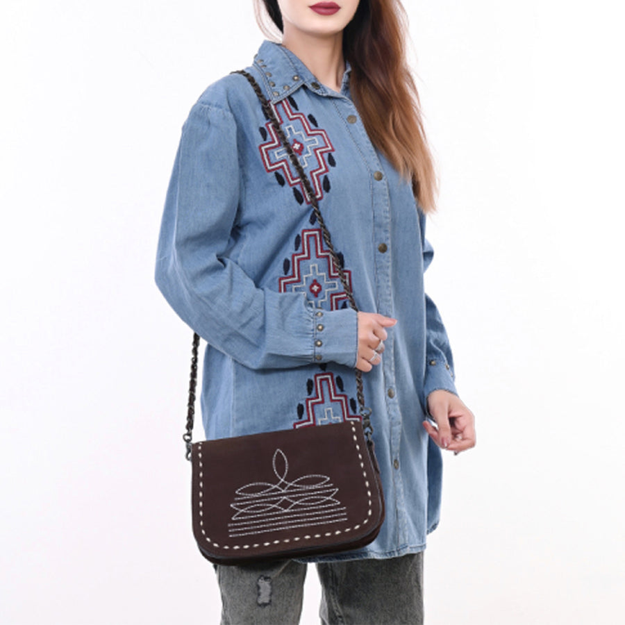 American Darling Black Genuine Suede Western Leather Crossbody Bag with Buck Stitch, Boot-Stitched Pattern, Chain Strap & Full-Grain Interior Lining