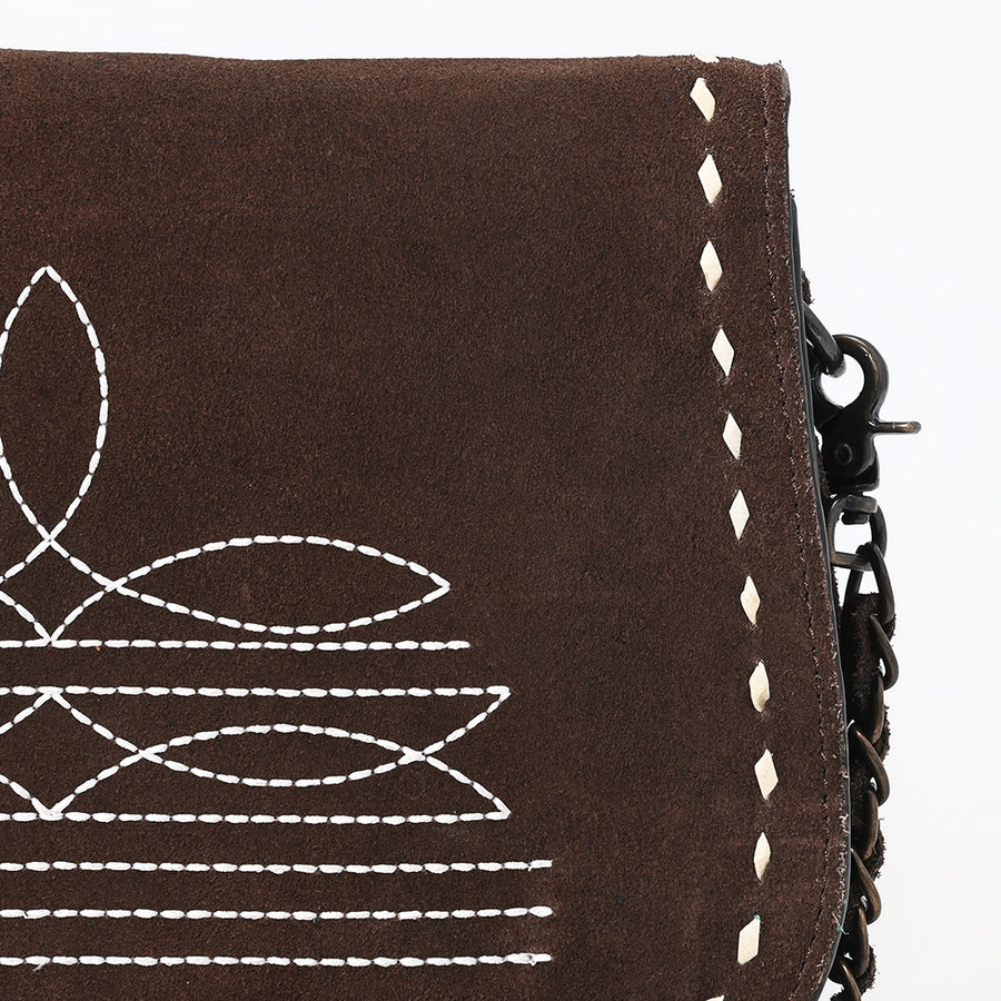 American Darling Black Genuine Suede Western Leather Crossbody Bag with Buck Stitch, Boot-Stitched Pattern, Chain Strap & Full-Grain Interior Lining