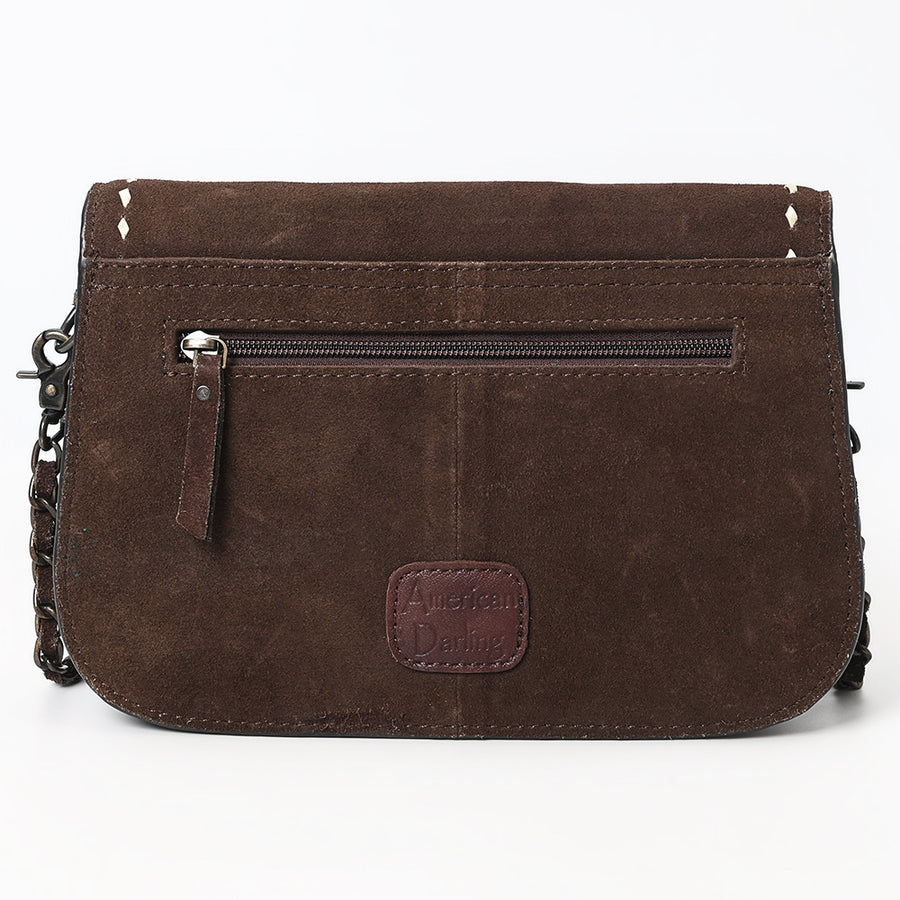 American Darling Black Genuine Suede Western Leather Crossbody Bag with Buck Stitch, Boot-Stitched Pattern, Chain Strap & Full-Grain Interior Lining