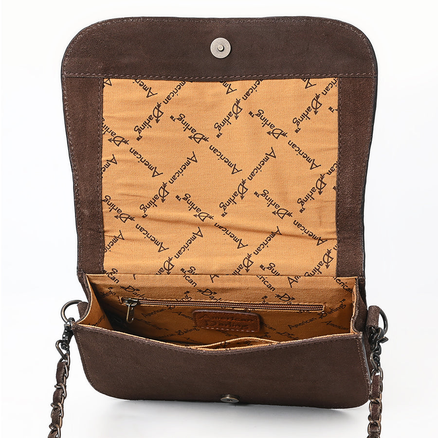 American Darling Black Genuine Suede Western Leather Crossbody Bag with Buck Stitch, Boot-Stitched Pattern, Chain Strap & Full-Grain Interior Lining
