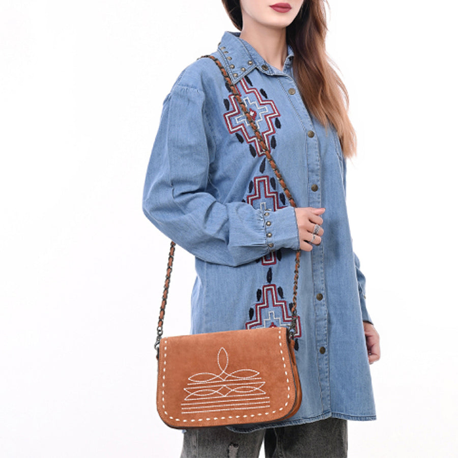American Darling Black Genuine Suede Western Leather Crossbody Bag with Buck Stitch, Boot-Stitched Pattern, Chain Strap & Full-Grain Interior Lining