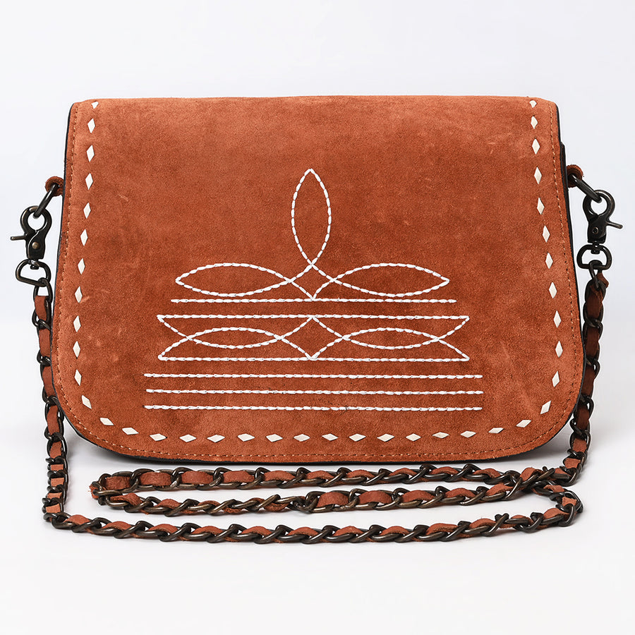 American Darling Black Genuine Suede Western Leather Crossbody Bag with Buck Stitch, Boot-Stitched Pattern, Chain Strap & Full-Grain Interior Lining
