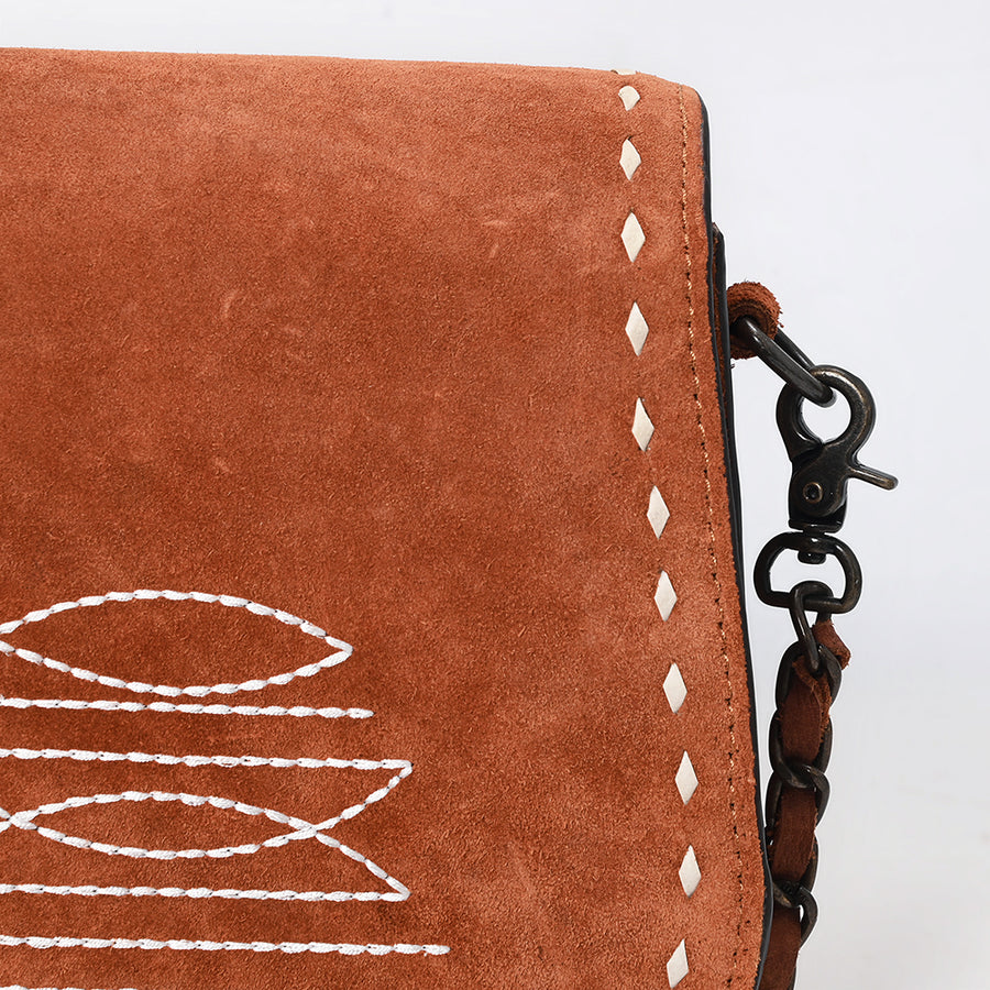 American Darling Black Genuine Suede Western Leather Crossbody Bag with Buck Stitch, Boot-Stitched Pattern, Chain Strap & Full-Grain Interior Lining