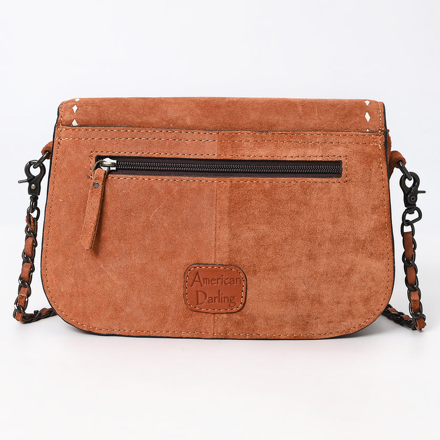 American Darling Black Genuine Suede Western Leather Crossbody Bag with Buck Stitch, Boot-Stitched Pattern, Chain Strap & Full-Grain Interior Lining