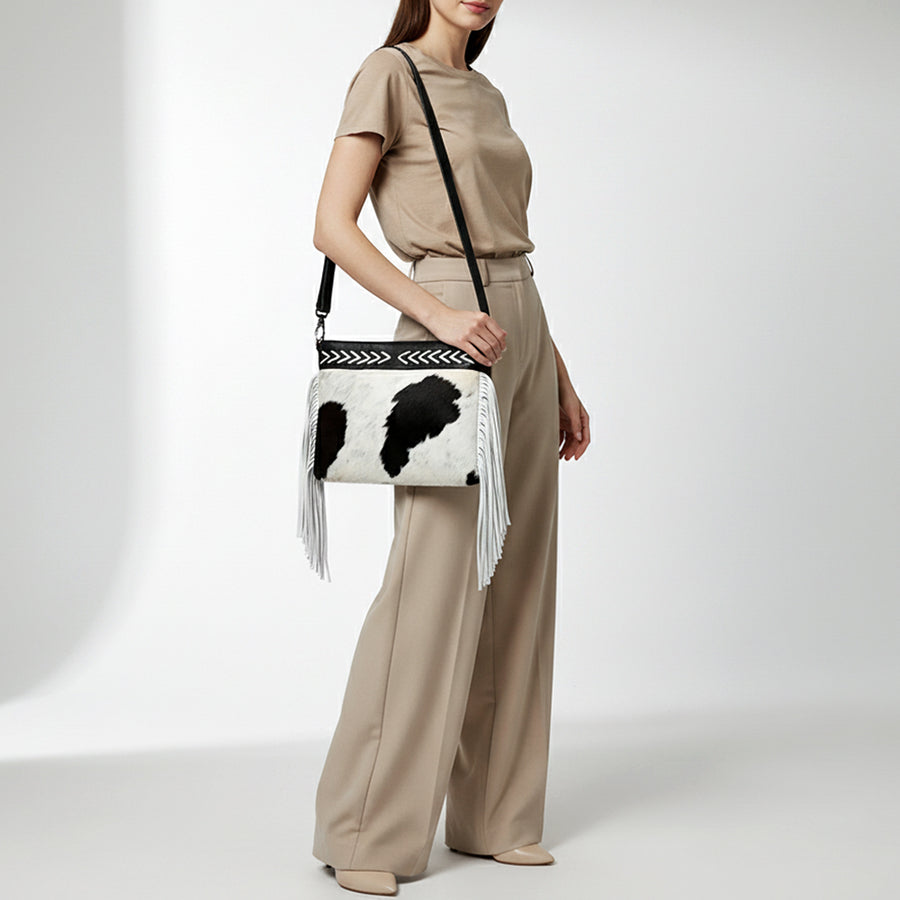 American Darling Hair-On Cowhide Western Crossbody Bag with Fringes, Genuine Leather Strap, Vegetable-Tanned Leather & YKK Zipper