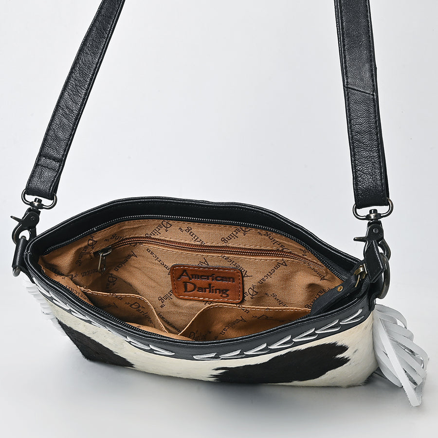 American Darling Hair-On Cowhide Western Crossbody Bag with Fringes, Genuine Leather Strap, Vegetable-Tanned Leather & YKK Zipper