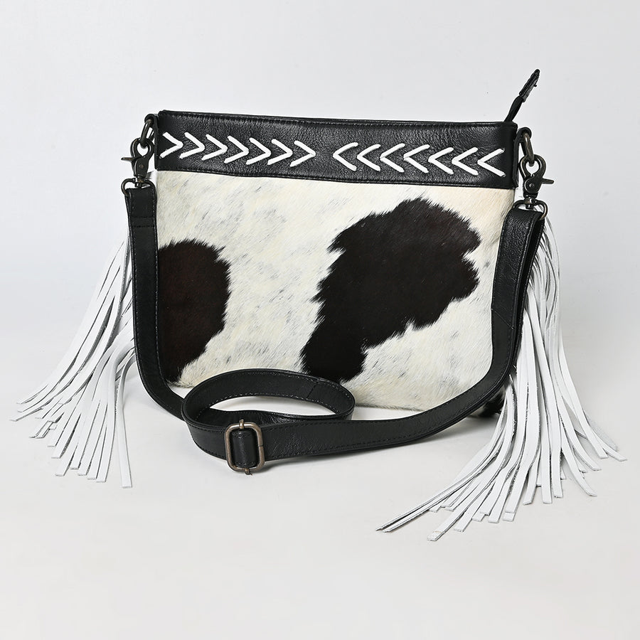 American Darling Hair-On Cowhide Western Leather Crossbody Bag with Fringes and Genuine Leather Trim - Uhorse