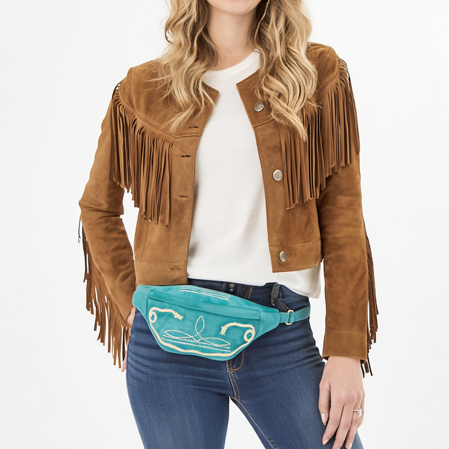 American Darling Genuine Vegetable-Tanned Leather Fanny Pack Crossbody with Western Boot Stitch Embroidery
