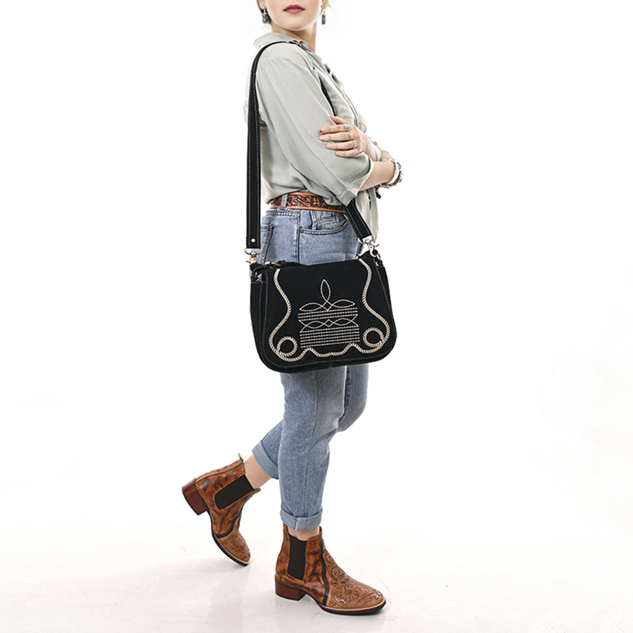 American Darling Suede Leather Cross body Bag Genuine Vegetable-Tanned Leather Purse with Boot Stitched Embroidery