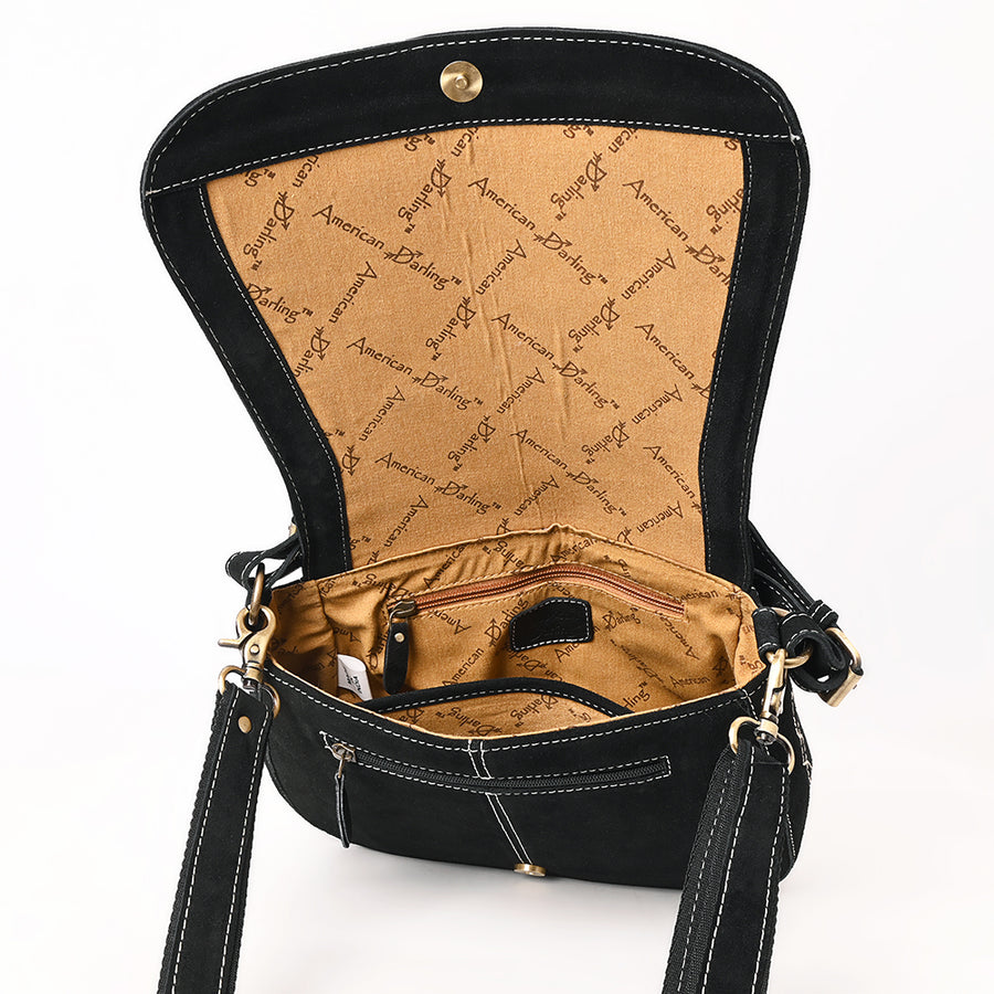 American Darling Suede Leather Cross body Bag Genuine Vegetable-Tanned Leather Purse with Boot Stitched Embroidery