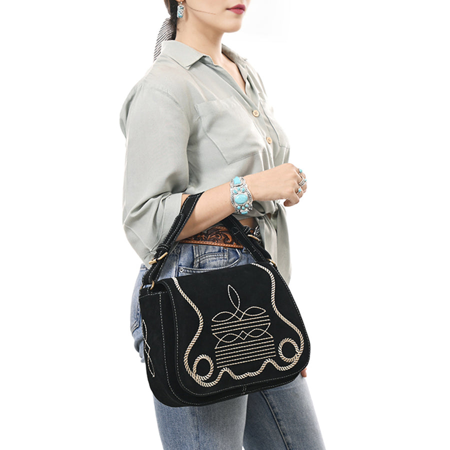 American Darling Suede Leather Cross body Bag Genuine Vegetable-Tanned Leather Purse with Boot Stitched Embroidery