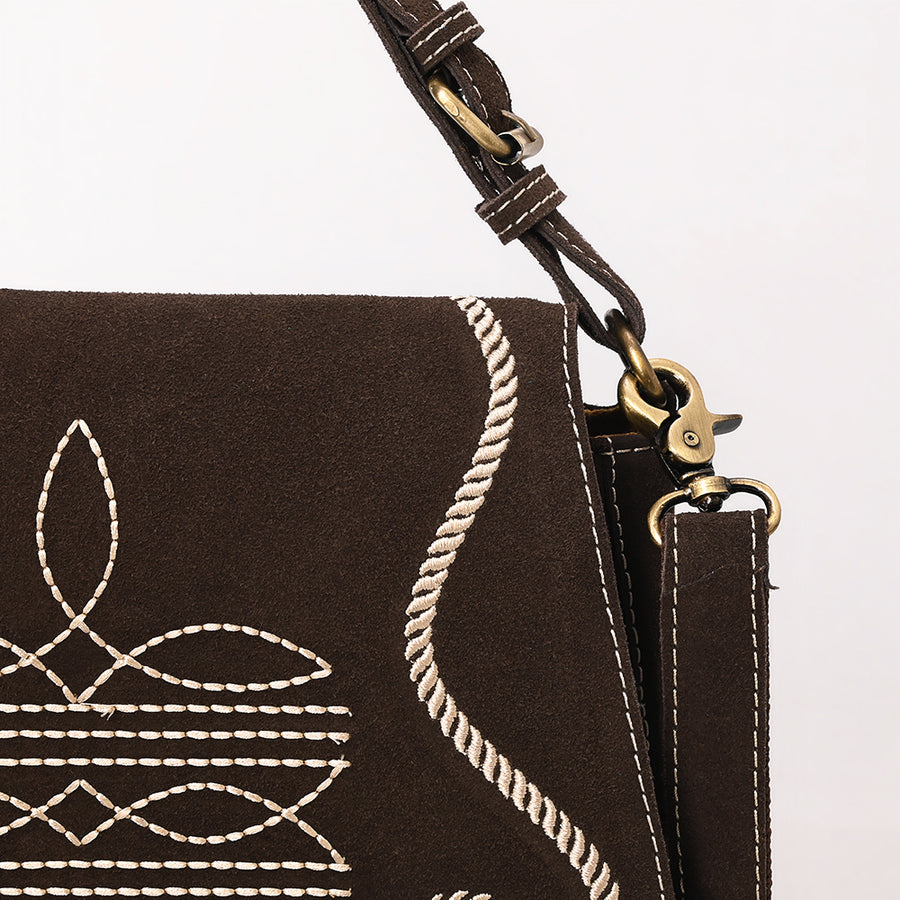 American Darling Suede Leather Cross body Bag Genuine Vegetable-Tanned Leather Purse with Boot Stitched Embroidery