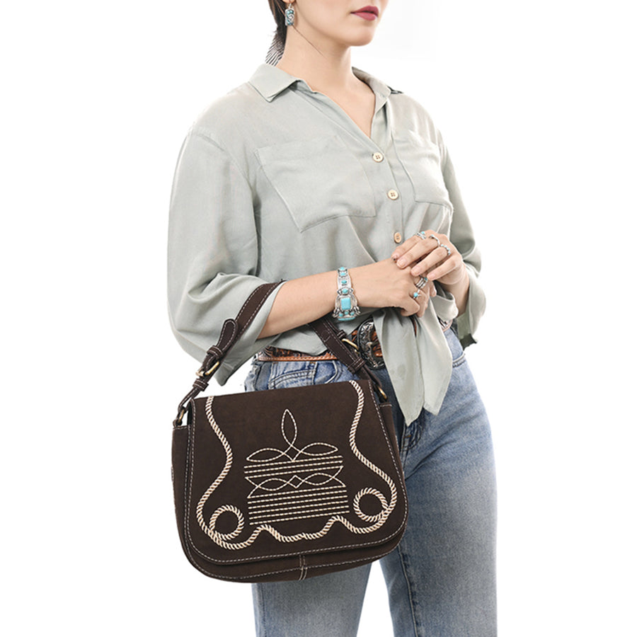 American Darling Suede Leather Cross body Bag Genuine Vegetable-Tanned Leather Purse with Boot Stitched Embroidery