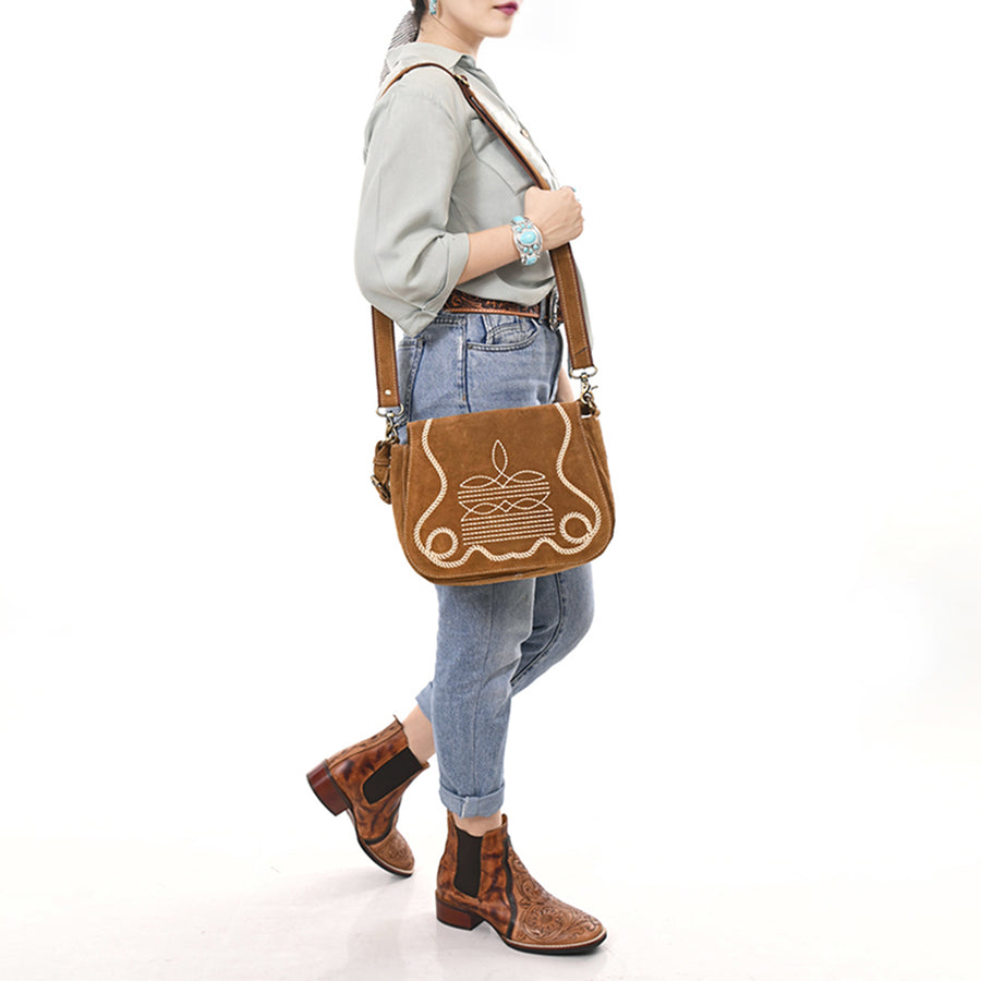 American Darling Suede Leather Cross body Bag Genuine Vegetable-Tanned Leather Purse with Boot Stitched Embroidery