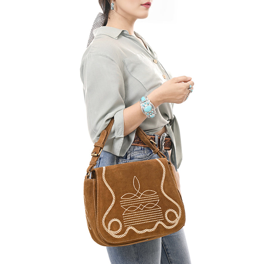American Darling Suede Leather Cross body Bag Genuine Vegetable-Tanned Leather Purse with Boot Stitched Embroidery