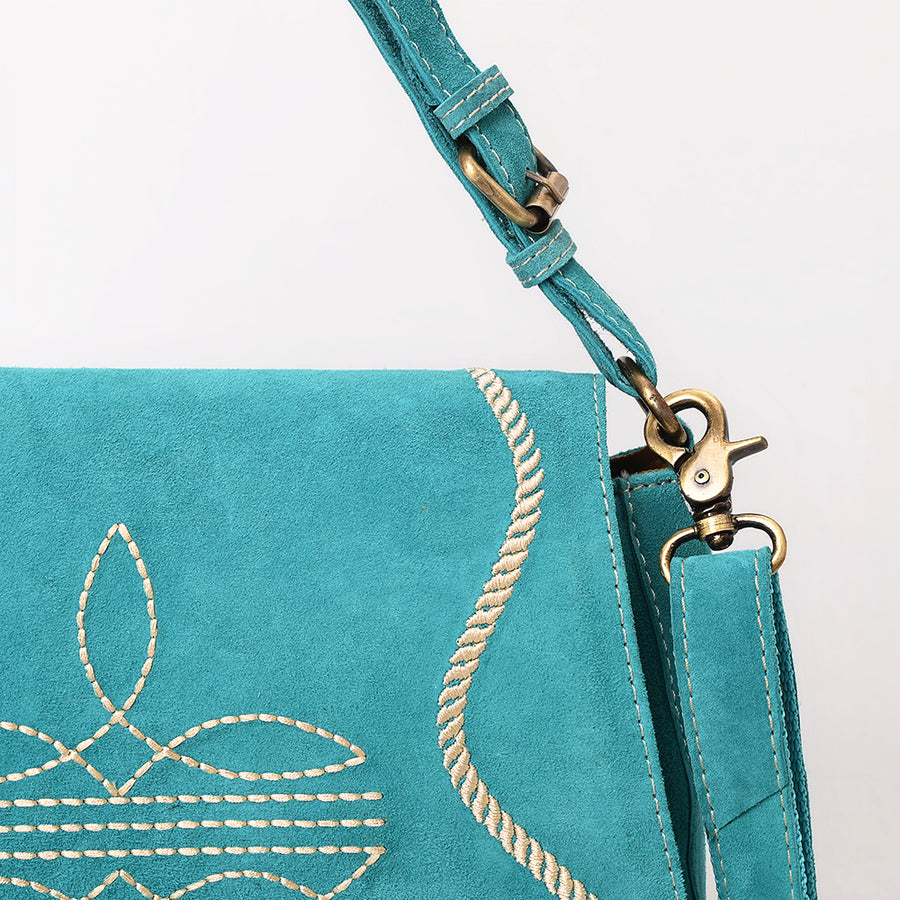 American Darling Suede Leather Cross body Bag Genuine Vegetable-Tanned Leather Purse with Boot Stitched Embroidery