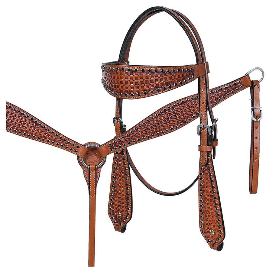Comfytack Western Horse Headstall Breast Collar Hand Tooled Genuine American Leather Tack Brown - Uhorse