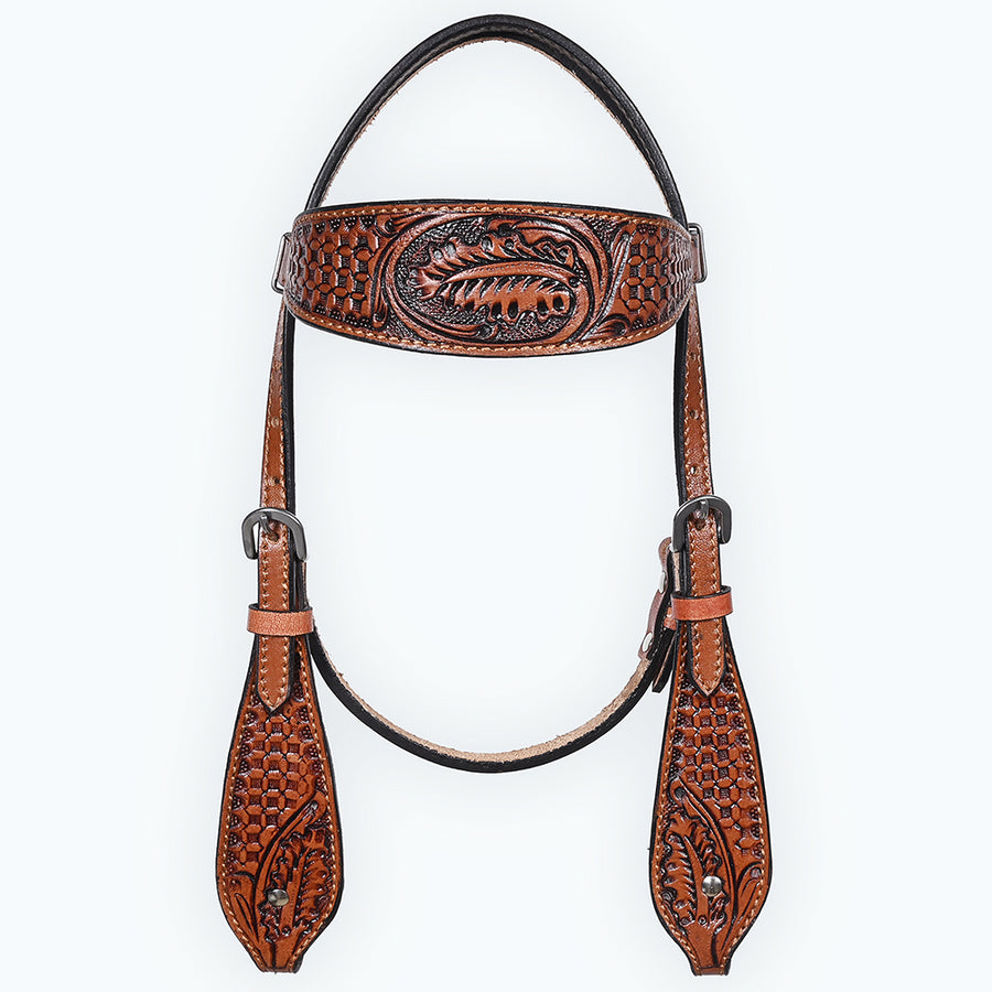 Comfytack Western Horse Headstall Breast Collar Hand Tooled Genuine American Leather Tack Brown | Heavy Duty Adjustable Western Riding Breastplate for Trail Barrel Racing Ranch Show Horse