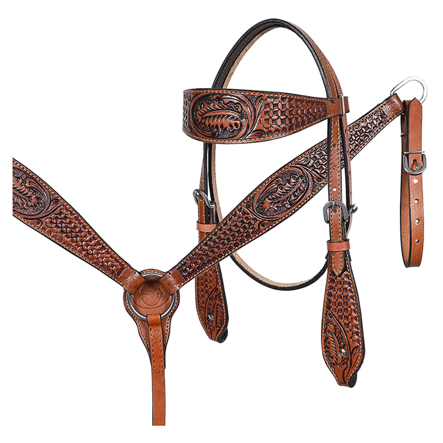 Comfytack Western Horse Headstall Breast Collar Hand Tooled Genuine American Leather Tack Brown - Uhorse