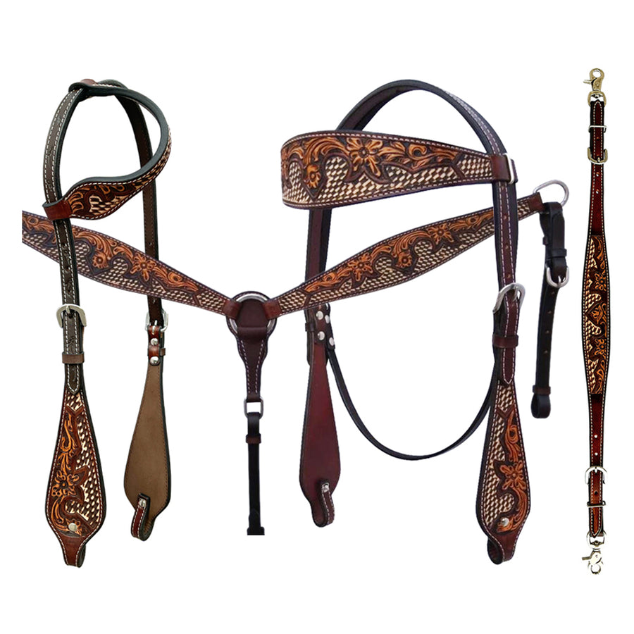 Bar H Equine American Leather Horse Saddle Tack One Ear Headstall Breast Collar Browband Wither Strap Set Classy Brown