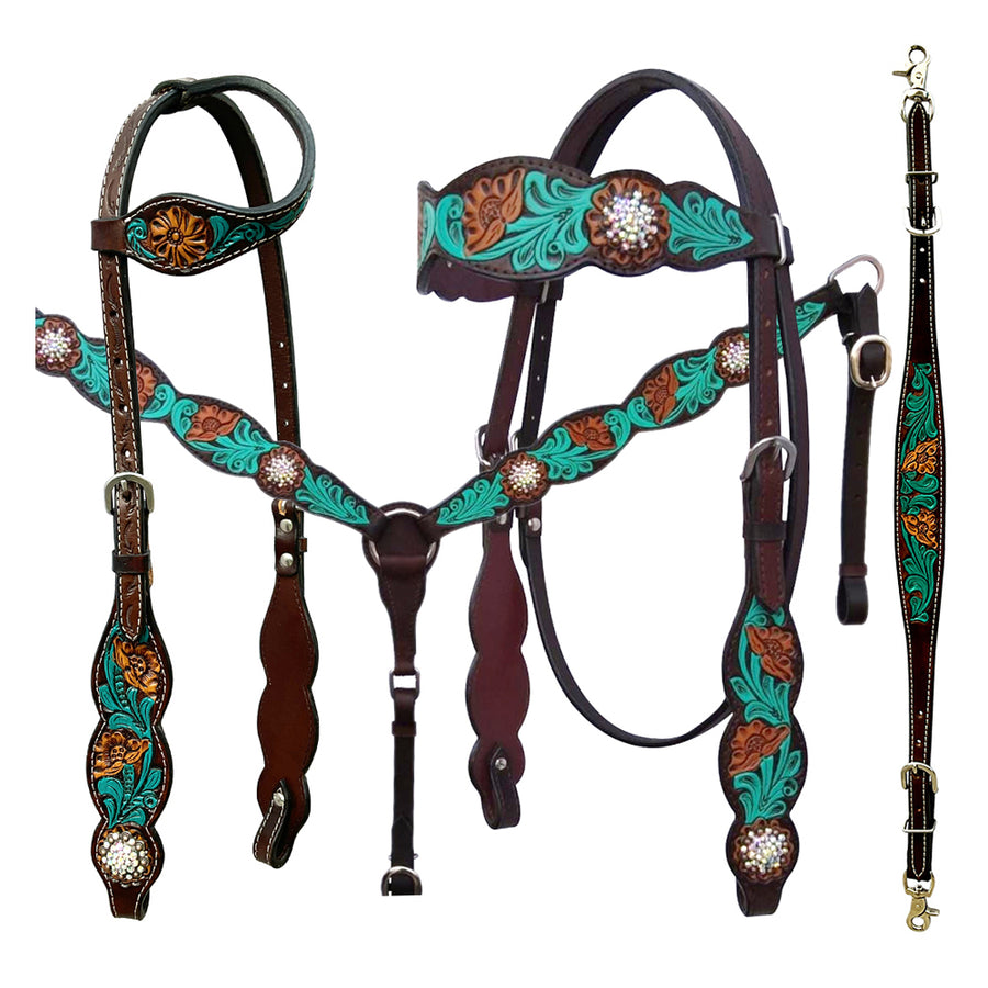 Bar H Equine American Leather Horse Saddle Tack One Ear Headstall Breast Collar Browband Wither Strap Set Jora Autumn