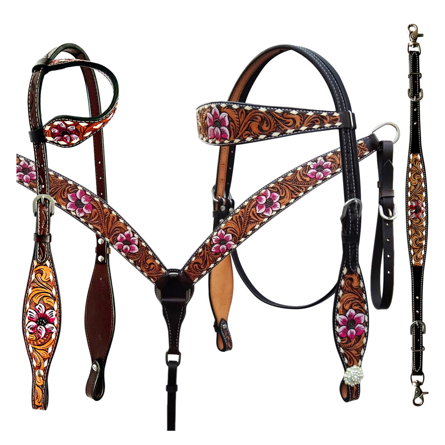 Bar H Equine American Leather Horse Saddle Tack One Ear Headstall Breast Collar Browband Wither Strap Set Tropical Chaya