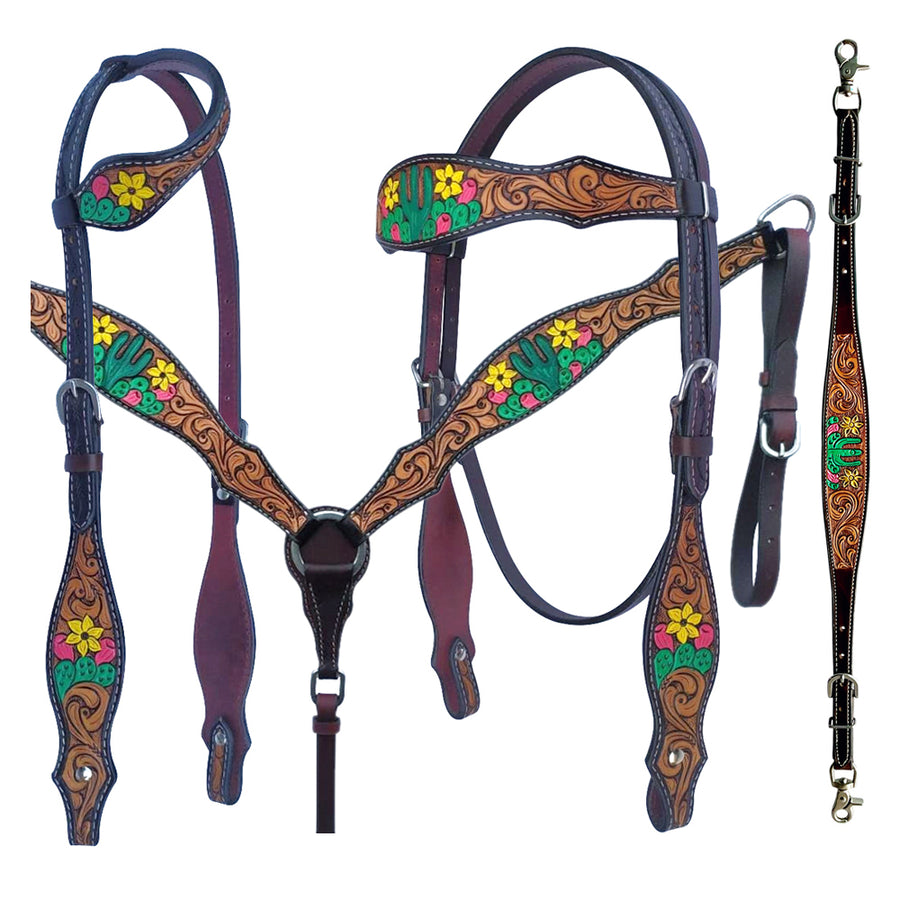 Bar H Equine American Leather Horse Saddle Tack One Ear Headstall Breast Collar Browband Wither Strap Set Tropical Cactus