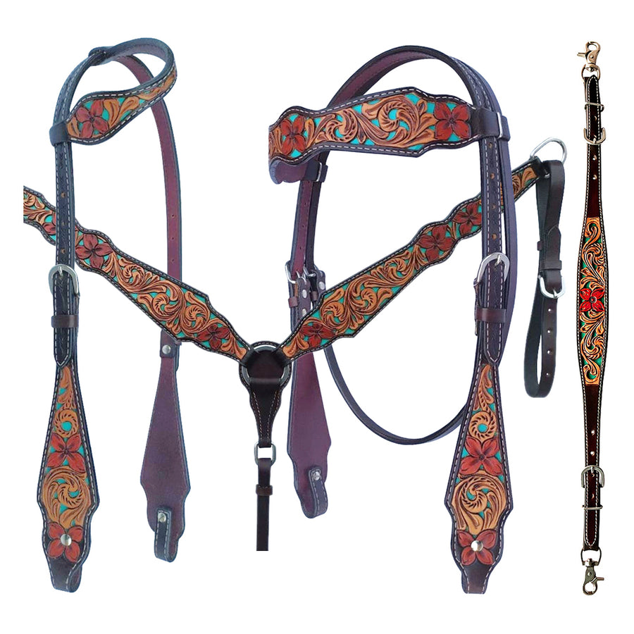 Bar H Equine American Leather Horse Saddle Tack One Ear Headstall Breast Collar Browband Wither Strap Set Tropical Turquoise