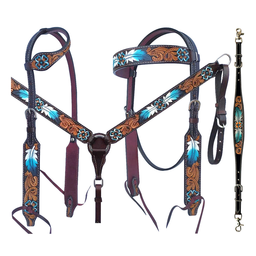 Bar H Equine American Leather Horse Saddle Tack One Ear Headstall Breast Collar Browband Wither Strap Set