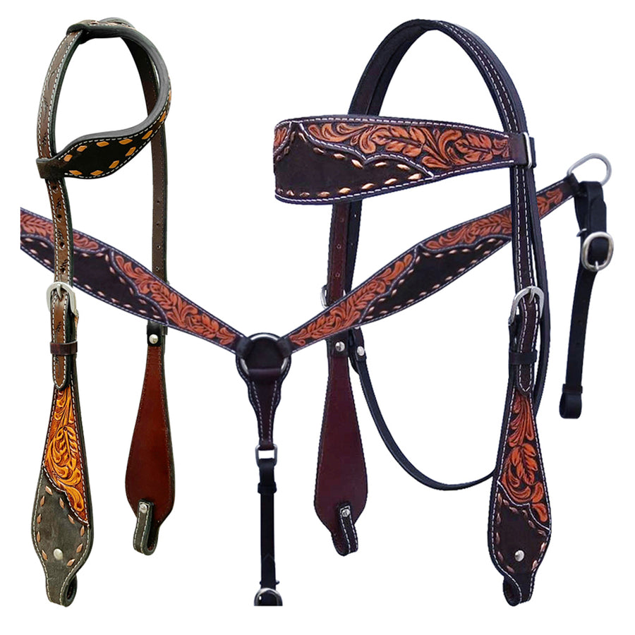 Bar H Equine American Leather Horse Saddle Tack One Ear Headstall Breast Collar Browband Wither Strap Set