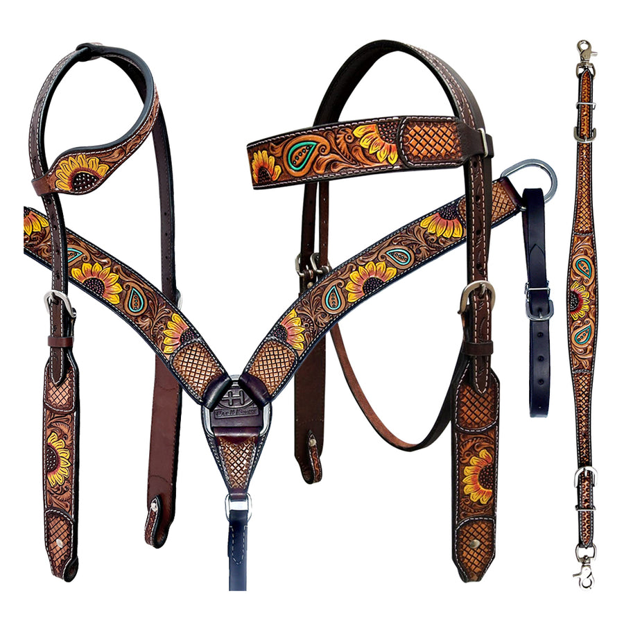 Bar H Equine Bonnie Blossom Sunflower Leather One Ear Headstall Breast Collar Wither Strap Set