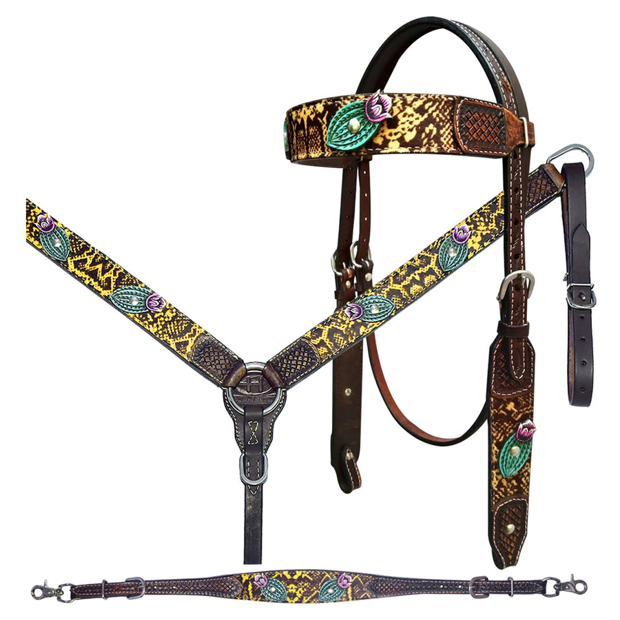 Bar H Equine Premium Hand Tooled Leather Horse Tack Headstall Breast Collar Wither Strap Set