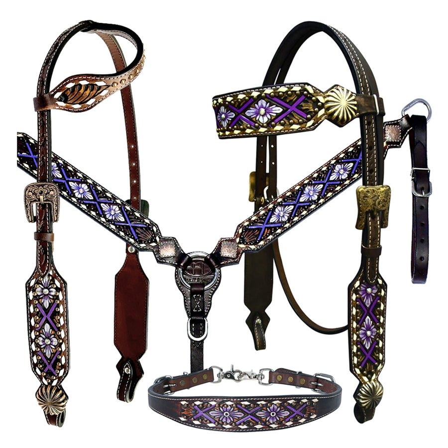 Bar H Equine American Leather Horse Saddle Tack One Ear Headstall Breast Collar Browband Wither Strap Set
