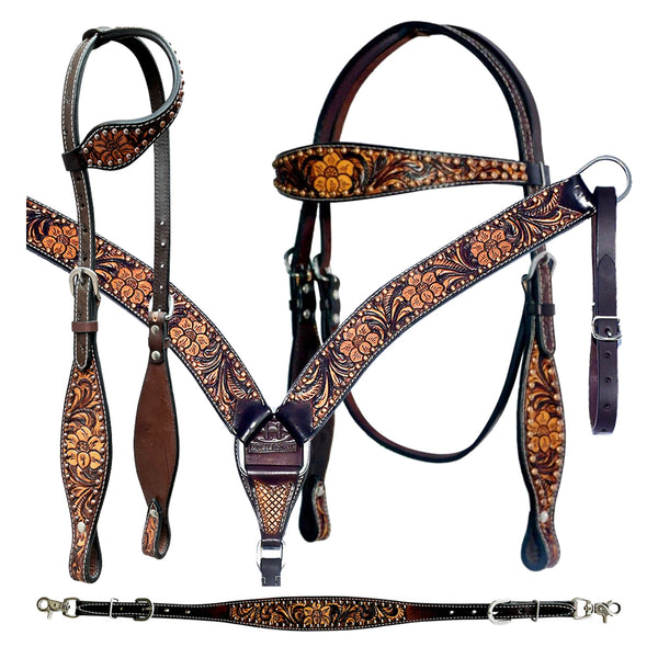 Bar H Equine Genuine Western American Leather Horse Headstall and Breast Collar Set - Uhorse
