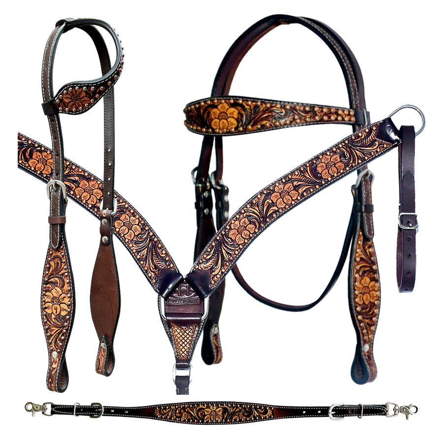 Bar H Equine Genuine Western American Leather Horse Headstall and Breast Collar Set - Uhorse